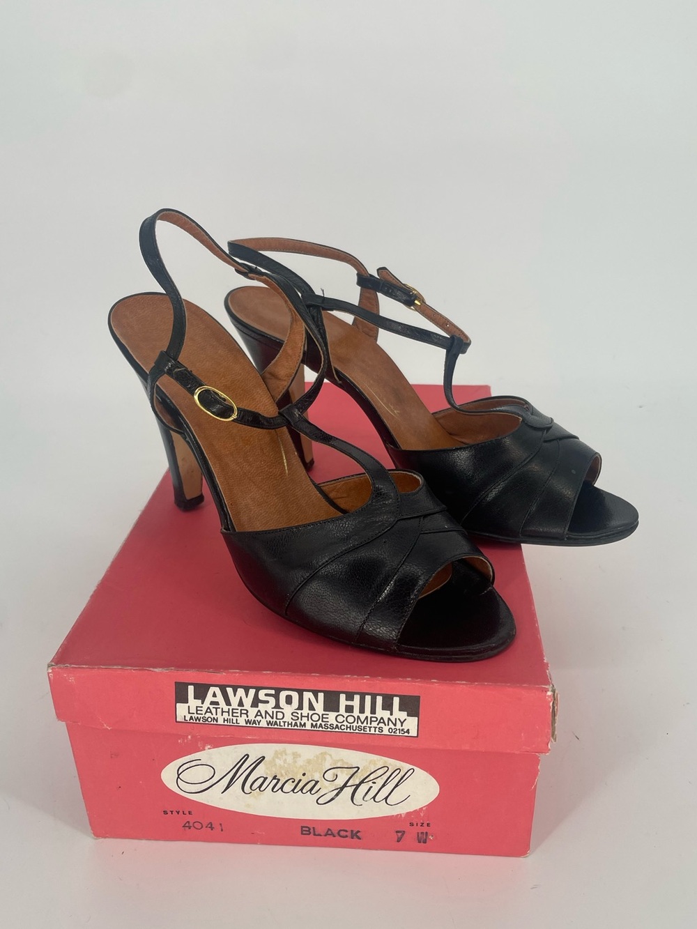 VTG Mid Century Peep Toe T Strap Black Leather Pinup Girl Pumps By Marcia Hill